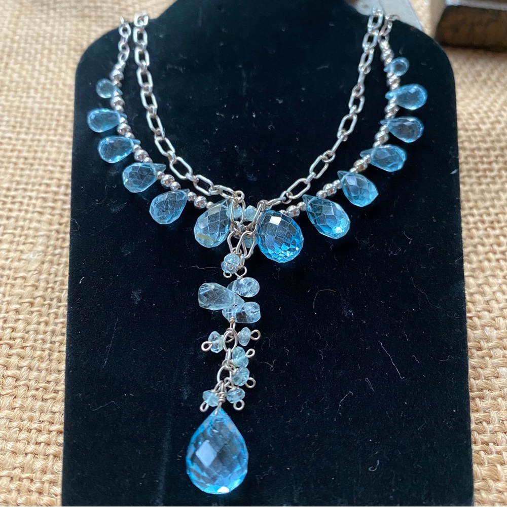 Beautiful Artisan Graduating Blue Crystal Double Strand Necklace 925
